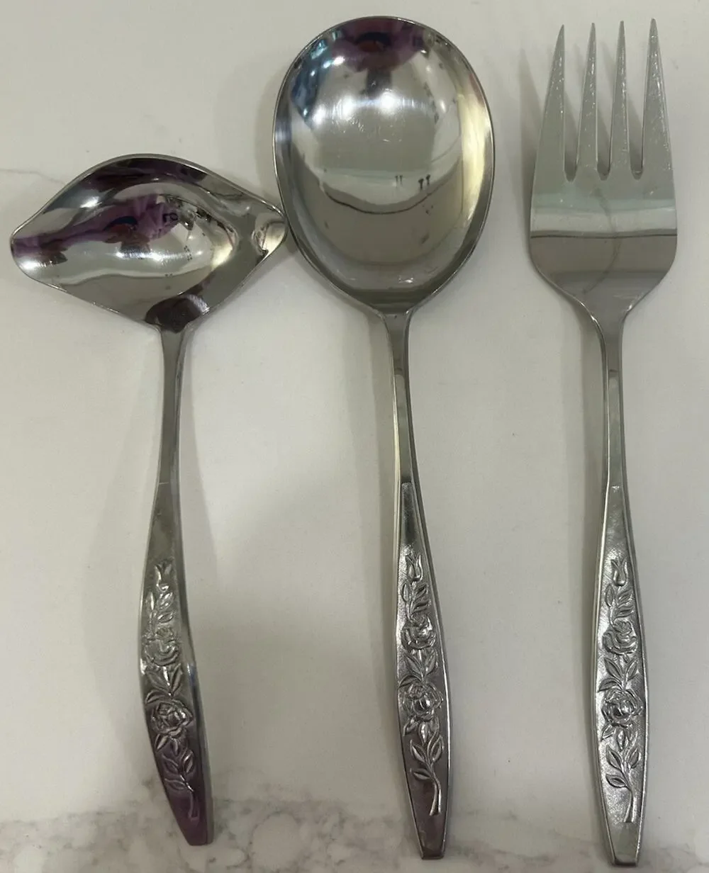 Eldan ELD18 Set of 3 Serving Pieces MAY ROSE Textured Roses Stainless Vtg MCM